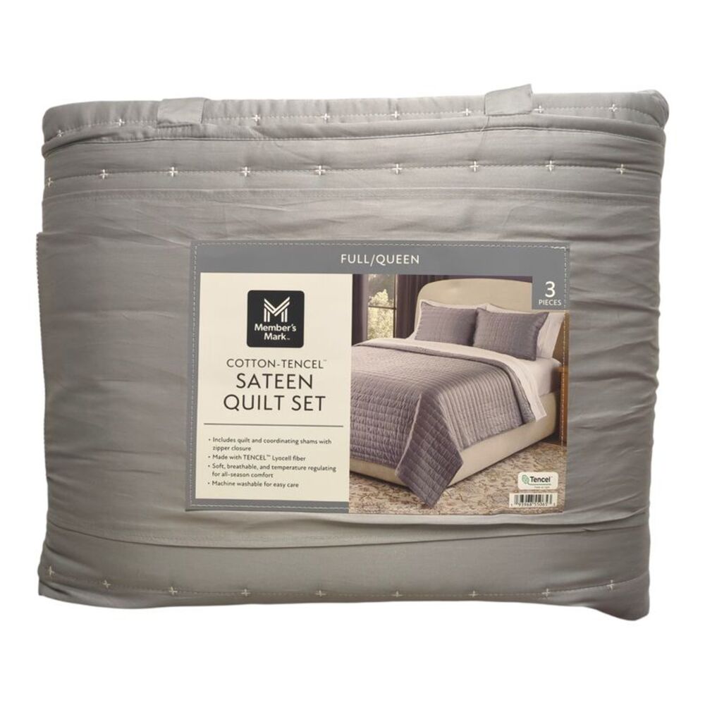 Member’s Mark 3-Piece Cotton-Tencel Sateen Quilt Set, Full/Queen - Grey